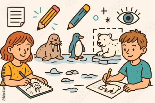 Creative Kids Sketching. Wide vector layout with kids sketching ice animals and creativity icon set for notepad, pencil,