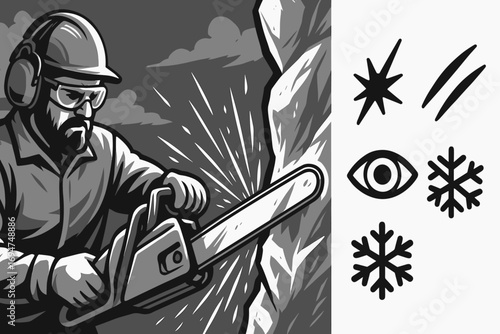 Chainsaw Sculptor in Action. Wide banner showing sculptor using chainsaw for detail work and dynamic action icon set for sparks,