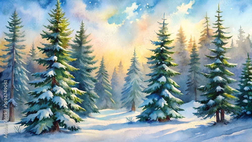 Fototapeta premium A serene winter forest scene with snowcovered pine trees bathed in the warm glow of sunrise or sunset light