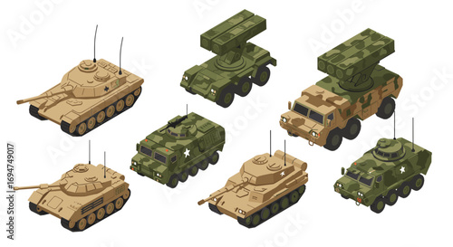 Isometric military vehicles set: tanks, missile launchers, and armored cars in camouflage colors