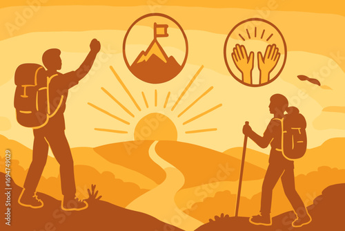 Hikers' Joyful Summit View. Horizontal vector artwork of hikers reaching viewpoint under glow and accomplishment icon set for