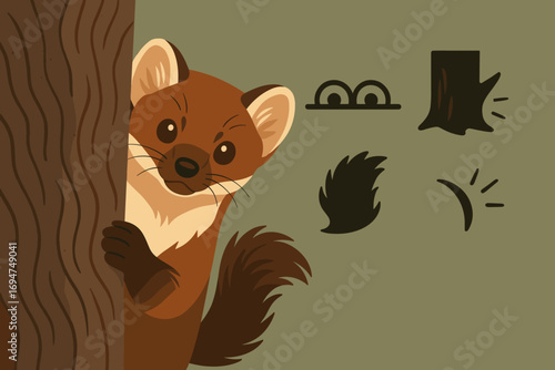 Pine Marten Stealth Icons. Modern banner depicting pine marten hiding behind trunk and stealth icon set for peek eyes, shadow bark