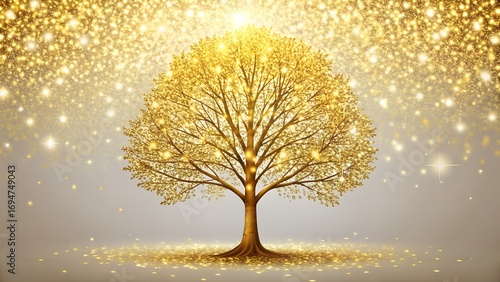 A majestic golden tree with sparkling lights and falling glitter, symbolizing wealth and prosperity