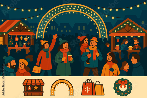Festive Christmas Market Scene. Bright banner portraying crowds near Christmas market and gathering icon set for booths, light