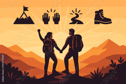 Hikers' Joyful Summit View. Horizontal vector artwork of hikers reaching viewpoint under glow and accomplishment icon set for