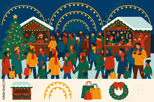 Festive Christmas Market Scene. Bright banner portraying crowds near Christmas market and gathering icon set for booths, light