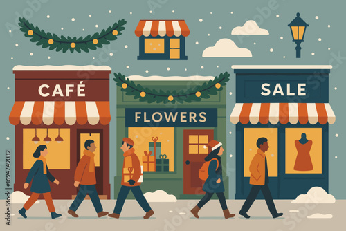 Festive Street Walk. Flat vector illustration featuring people walking past decorated shops and holiday street icon set for