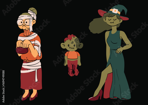 Cute cartoon characters collection in Halloween style. Hand-drawn vector illustration