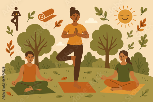 Yoga in Leafy Park. Flat scene showing yoga group in leafy park and balance icon set for pose icon, mat roll, smile sun and
