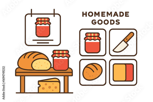 Fresh Bread and Jams. Modern vector panel showing fresh bread, cheese and jam at stand and homemade goods icon set for jam jars,