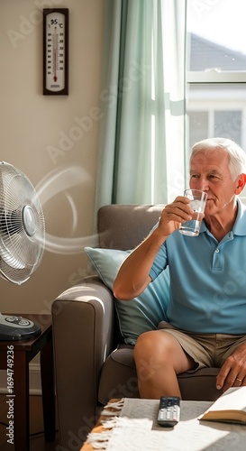 A senior man relaxes on a couch, enjoying a cool drink while a fan provides relief from the heat.