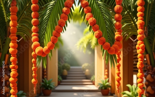 Palm leaves decorated with garlands of marigold  flowers for indian celebration hanging at temple or home with copy space. High quality