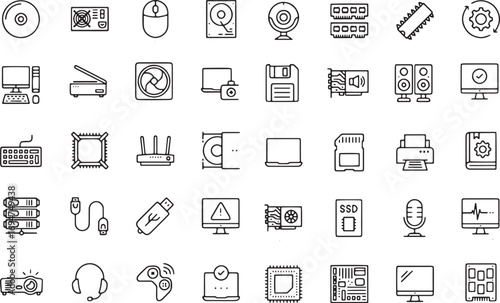 Computar Hardware Outline Icon Collection Set Vector Illustration on White Background