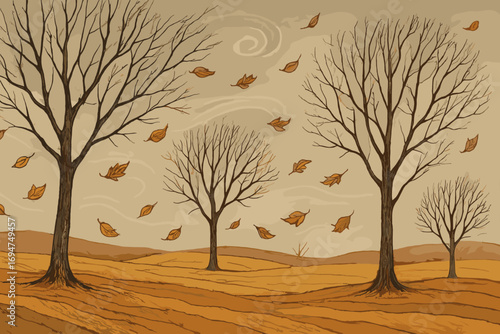 Autumn's Final Whisper. Wide horizontal scene with trees losing their last leaves, bare trunks, windy swirls and layered golden