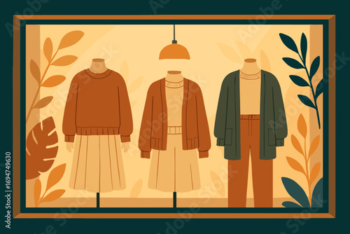 Boutique Knits Display. Vector scene of boutique window display showcasing layered knit outfits, foliage decor and glowing light.