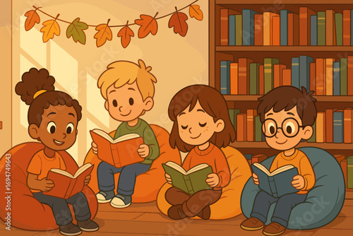 Cozy Library Reading Corner. Cartoon-style horizontal panel of kids reading in cozy library corner with fall light, beanbags and