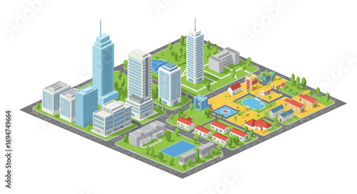Isometric urban cityscape with skyscrapers and park in vibrant colors