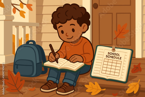 Journaling on the Porch. Vector banner of kid writing in journal on porch with backpack, colored leaves and school schedule pinned