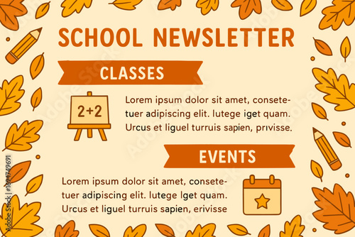 School Newsletter Design. Illustrated school newsletter design in warm palette with icons for classes, events, pencils and leaves