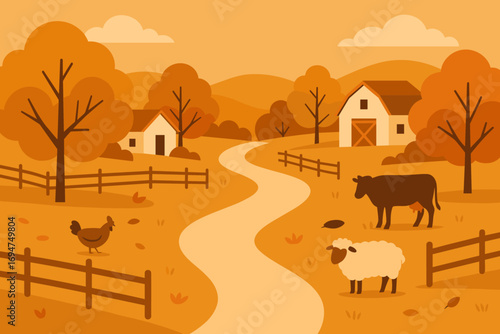 Autumn Countryside Road. Flat design banner of countryside road lined with orange trees, wooden fences, farmhouses and animals in