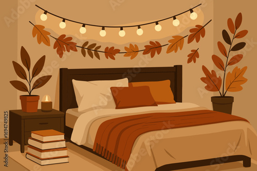 Cozy Autumn Bedroom. Modern vector scene of bedroom decorated for autumn — string lights, book pile, leafy garlands and soft