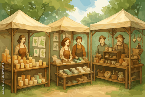 Artisan Fair Booths. Charming scene of artisan booths selling candles, leaf-printed stationery, handmade soaps and rustic crafts
