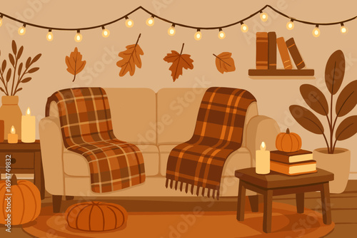 Cozy Autumn Living Room. Horizontal vector banner of cozy living room with fall decorations, plaid blankets, candles, books and