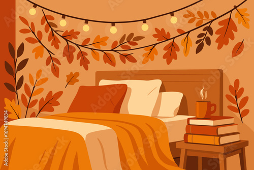 Cozy Autumn Bedroom. Modern vector scene of bedroom decorated for autumn — string lights, book pile, leafy garlands and soft