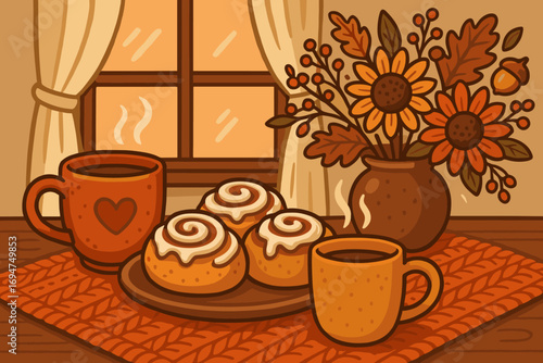 Cozy Breakfast Nook. Cartoon-style banner of breakfast nook with cinnamon rolls, cozy mugs, knit tablecloth and fall centerpiece.