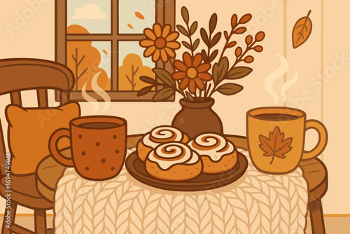 Cozy Breakfast Nook. Cartoon-style banner of breakfast nook with cinnamon rolls, cozy mugs, knit tablecloth and fall centerpiece.