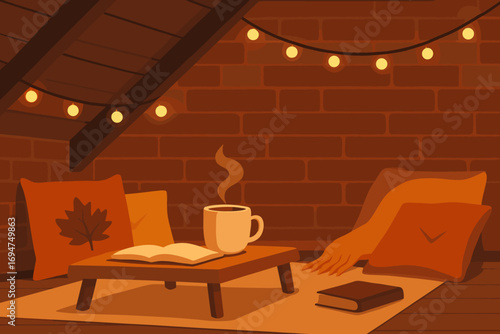 Cozy Autumn Loft. Flat banner of cozy loft with string lights, low table, hot drink, autumn pillows and relaxed reading area.