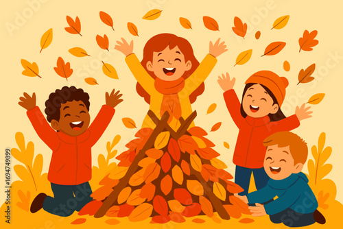 Leaf Fort Fun. Vector art of joyful children building a leaf fort, tossing foliage in the air with bright scarves and jackets.