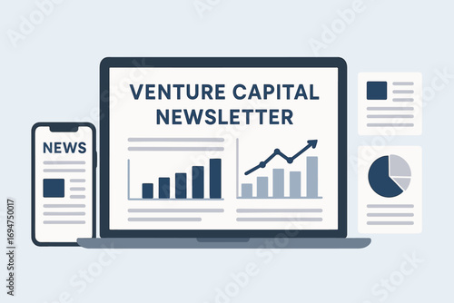 Venture Capital Insights. Horizontal composition of venture capital newsletter concept — laptop, mobile UI, news feeds, and charts