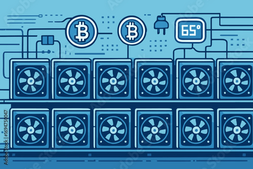 Crypto Mining Setup. Vector banner of crypto mining farm — rows of GPUs, power lines, coin icons and digital temperature gauges.