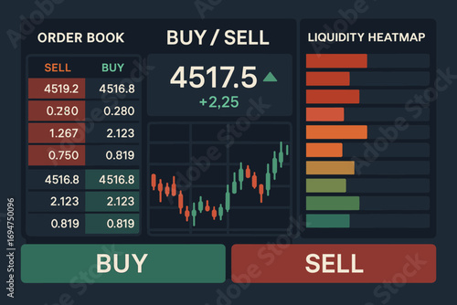 Exchange Interface Layout. Vector layout of exchange interface with Buy/Sell order book, live price ticker and liquidity heatmap.