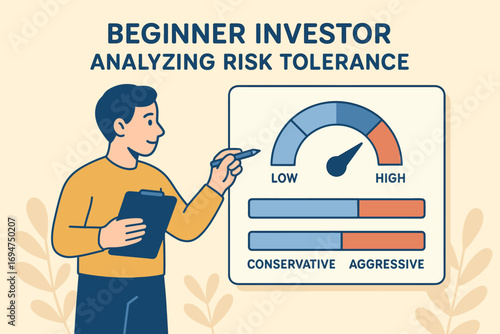 Investor Analyzing Risk. Flat design banner of beginner investor analyzing risk tolerance chart and selecting conservative vs