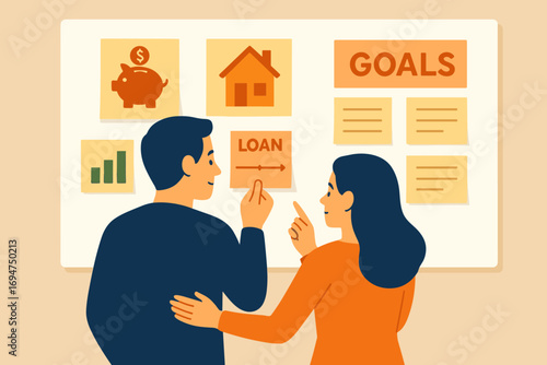 Creating Financial Vision Board. Flat vector of couple creating financial vision board with savings goals, loan pay-off timelines,