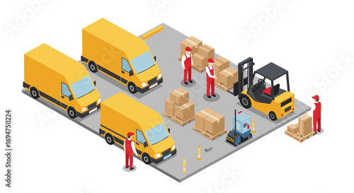 Logistics and delivery scene with workers and vehicles in isometric design