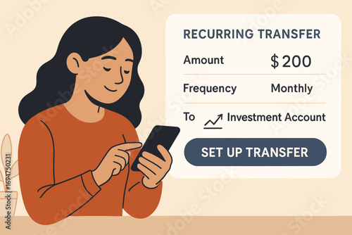 Investing Via Smartphone. Horizontal banner of woman setting recurring transfer into investment account using smartphone app.