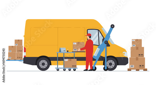 Delivery service worker loading packages into yellow van with equipment