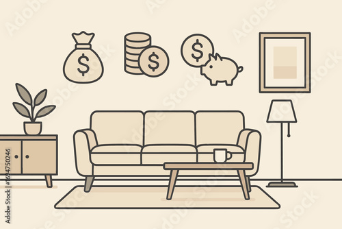 Minimalist Living Room. Horizontal vector banner of minimalist living room with few essentials, clean lines, neutral colors, and