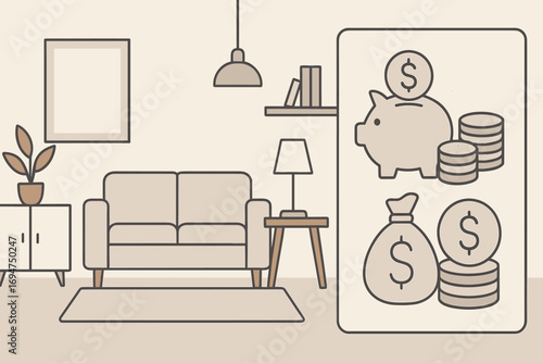 Minimalist Living Room. Horizontal vector banner of minimalist living room with few essentials, clean lines, neutral colors, and