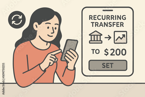 Investing Via Smartphone. Horizontal banner of woman setting recurring transfer into investment account using smartphone app.