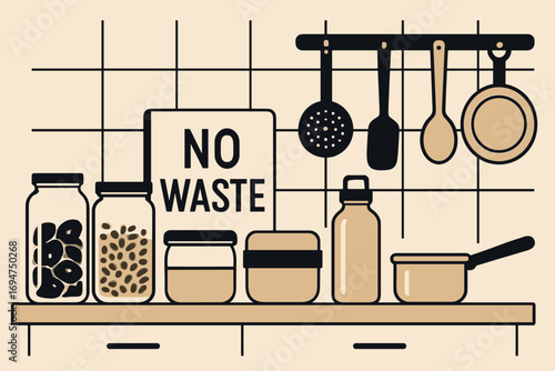 Minimalist Kitchen Design. Vector composition of kitchen with glass jars, reusable containers, no-waste policy and minimalist