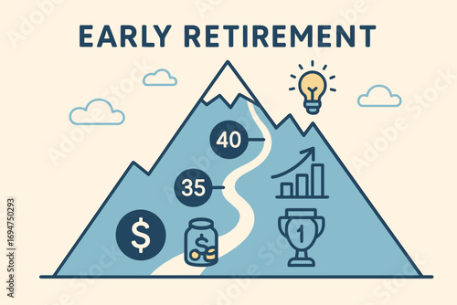 Early Retirement Journey. Vector art of “early retirement” visual — mountain peak with age milestones, savings goals, and