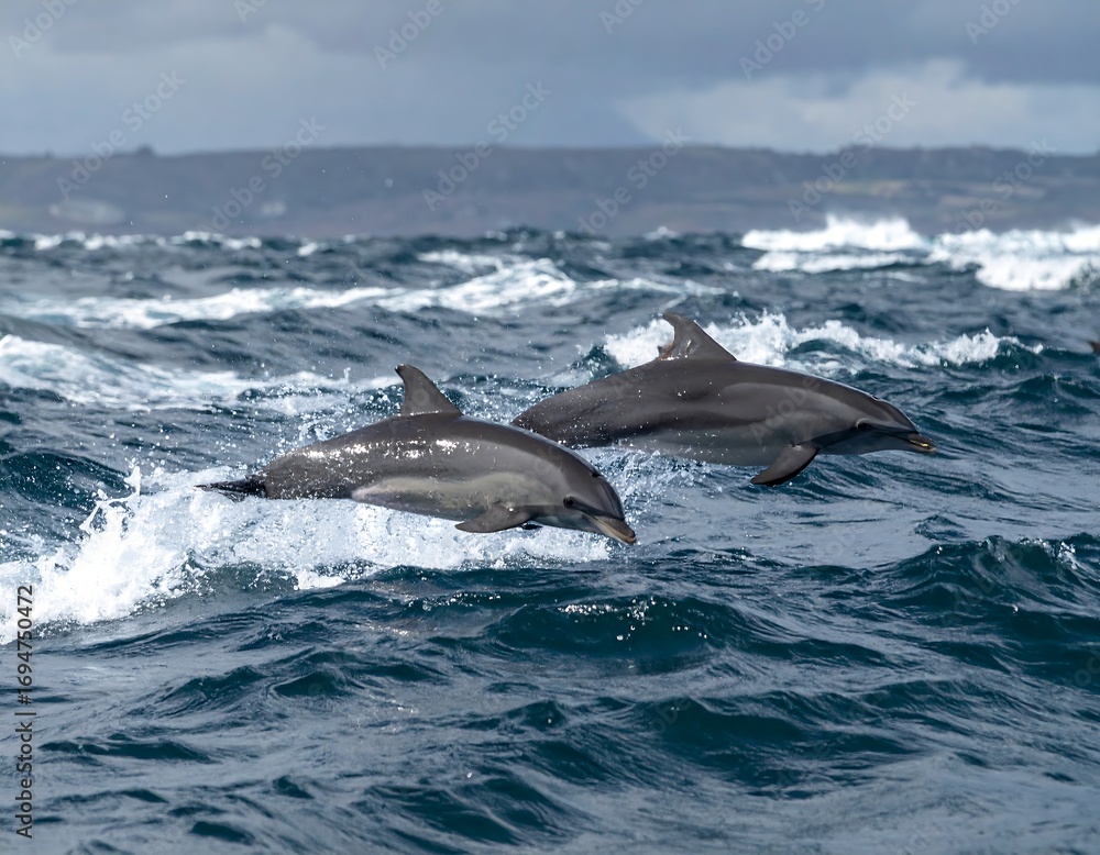 Fototapeta premium Two dolphins leaping in a choppy ocean