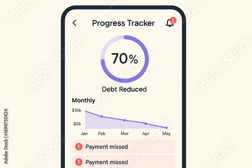 Debt Tracker App. Illustrated progress tracker in mobile app showing debt reduction in monthly intervals with alerts.