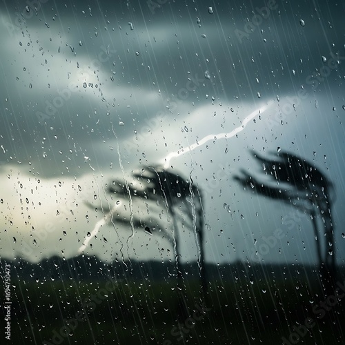 A stormy landscape seen through a window covered in rain drops, showcasing a dramatic lightning strike and strong winds.