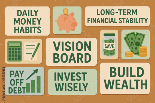 Vision for Financial Stability. Horizontal layout of vision board for long-term financial stability built through daily money