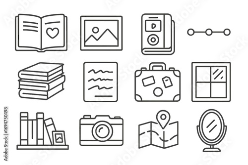 Memoir Icons Collection. Line style icons of memoir novels: open diary, framed photograph, voice recorder on journal, timeline